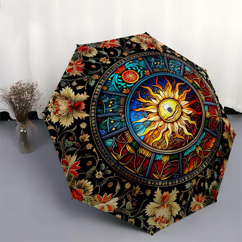 Sun MandalaThemed Automatic Opening and Closing umbrella - 8 Ribs, Suitable for Leisure and Going Out, Outdoor Accessory, Gothic Style, Fash