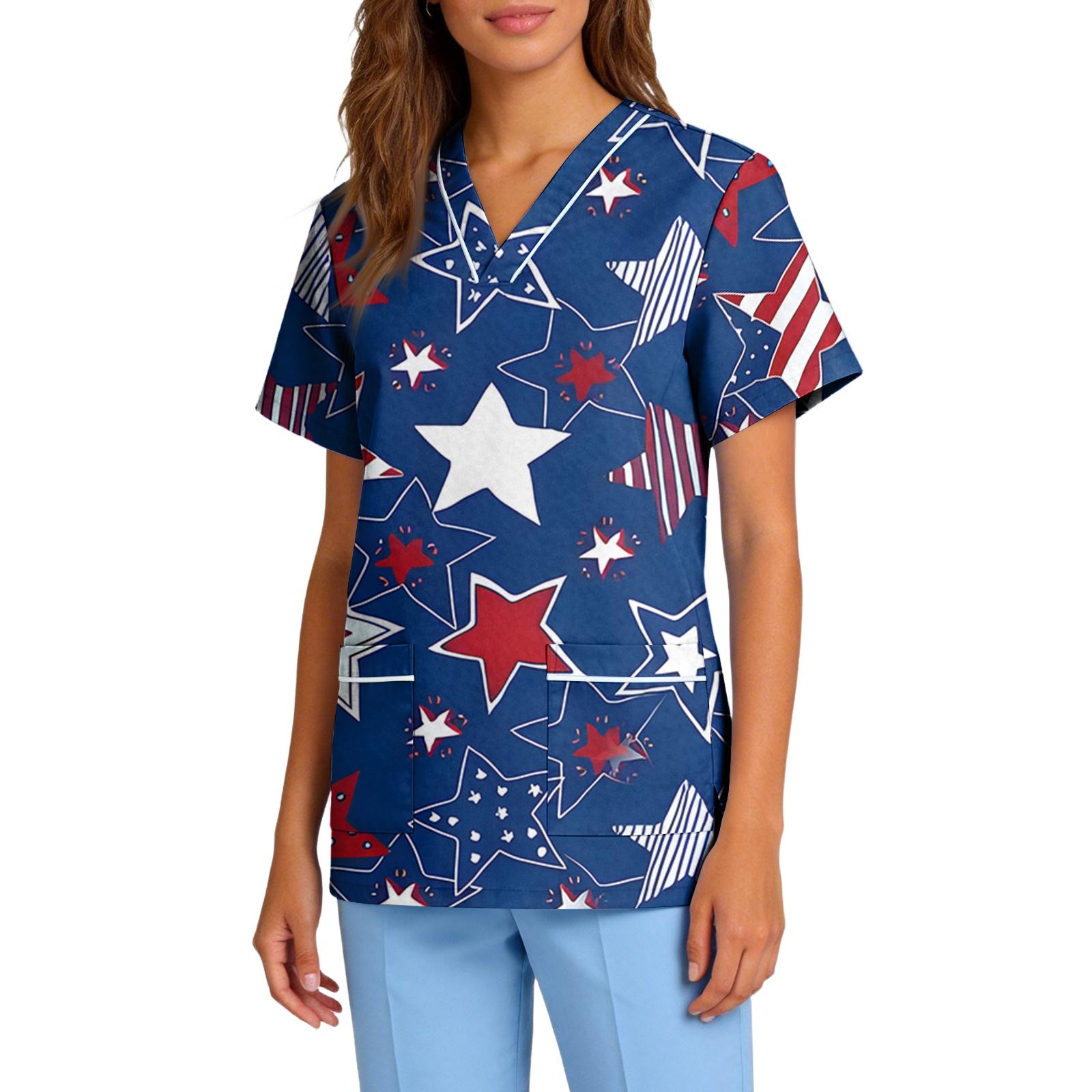 

Women s V-Neck Short Sleeve Work Top, Stretch Quick-Dry with Festive Print and Pockets L Кіновар