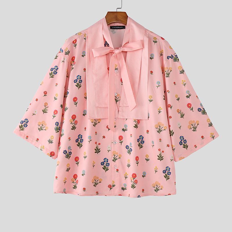INCERUN Men Lapel Neck Short Sleeve Floral Print Striped Patchwork Casual Summer Shirts Tops