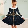 Girls High Neck Long Sleeve Printed Dark Navy Tie Waist A Line Flared Dress With White Fur Trim