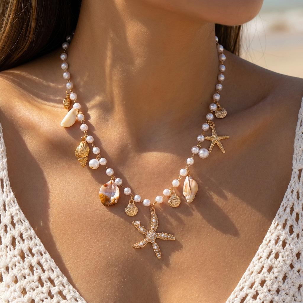 Starfish Necklace Pearl Seashell Conch Multi Charm Gold Necklaces for Women Fashion Jewelry Beach Summer Accessories Choker Gift