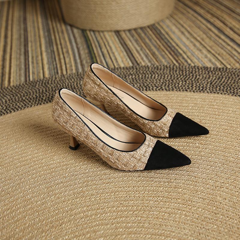 3351-16 French Pointed Head Color Matching High Heels Women's 2025 New Pointed Head Thousand Bird Grid Shallow Mouth Temperament Single Shoes Women