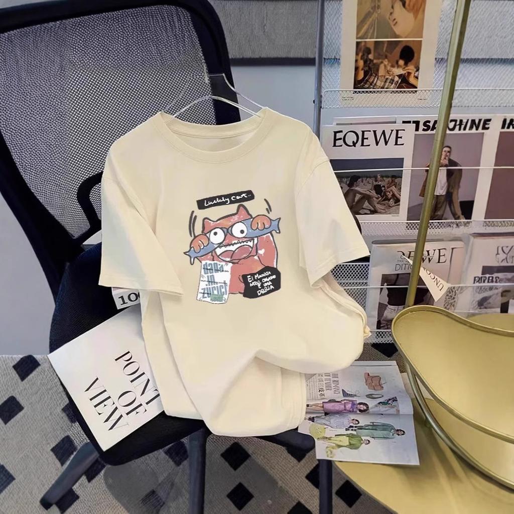American retro cotton short-sleeved T-shirt women's summer design sense European goods medium and long round neck printed t-shirt top tide