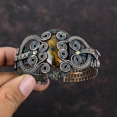 Goldenes Pietersit Armreif Kupferdraht gewickelter Armreif Edelstein Schmuck Verstellbarer Armreif Handgefertigter Kupferdraht gewickelter Schmuck Geschenk für Sie