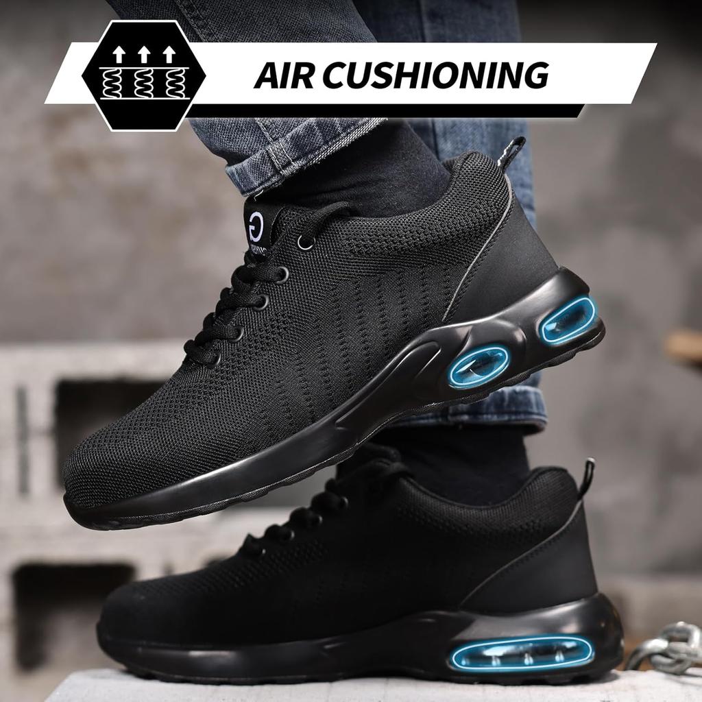 Luftkissen Arbeits-Sicherheitsschuhe Herren Damen Atmungsaktive Arbeits-Sneaker Stahlkappen-Schuhe Durchstichsichere Unzerstörbare Arbeitsstiefel Schwarz