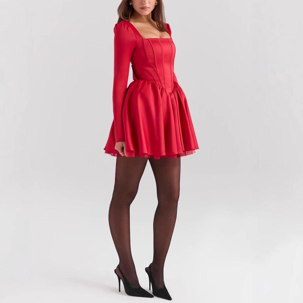 Abito Sexy Europeo & Americano con Scollo a U, Maniche Lunghe, Vita Stretta e Pieghe
