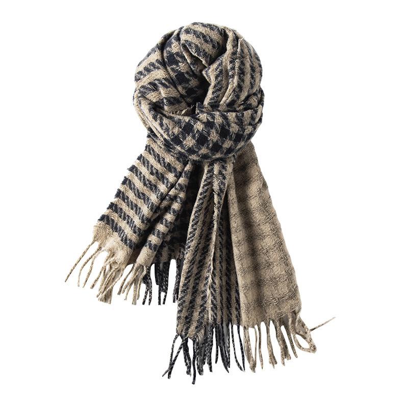 2025 Winter New Scarf Women'S Imitation Cashmere Extended Thousand Bird Plaid Scarf Scarf Neck Tassel Shawl