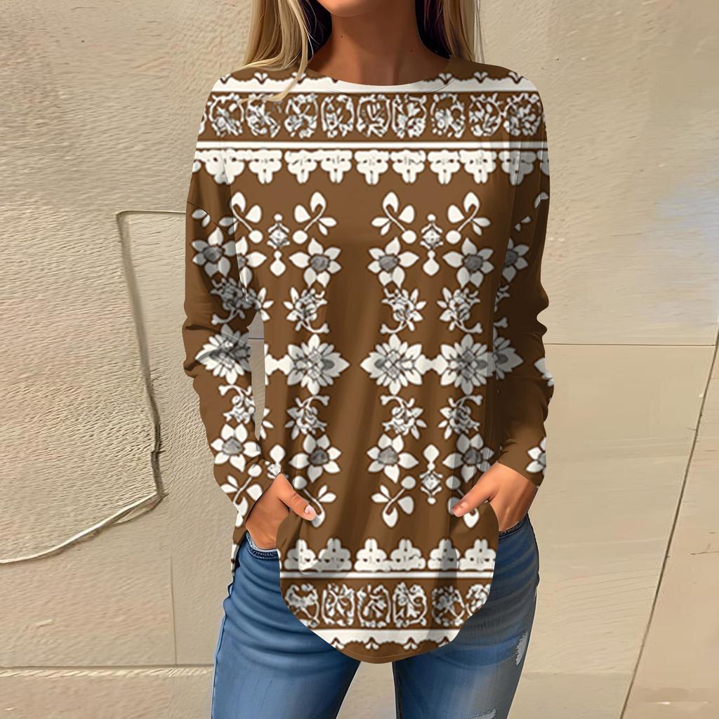 Women's  Loose Casual Flower Printed Round Neck Long Sleeved T Shirt Top Pullover Long Sleeved Sweatshirt