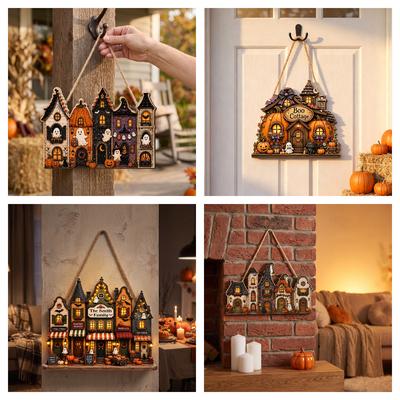 Autumn Halloween Wooden Ghost Castle Pumpkin House Style Courtyard Entrance Wall Welcoming Decoration Doorplate