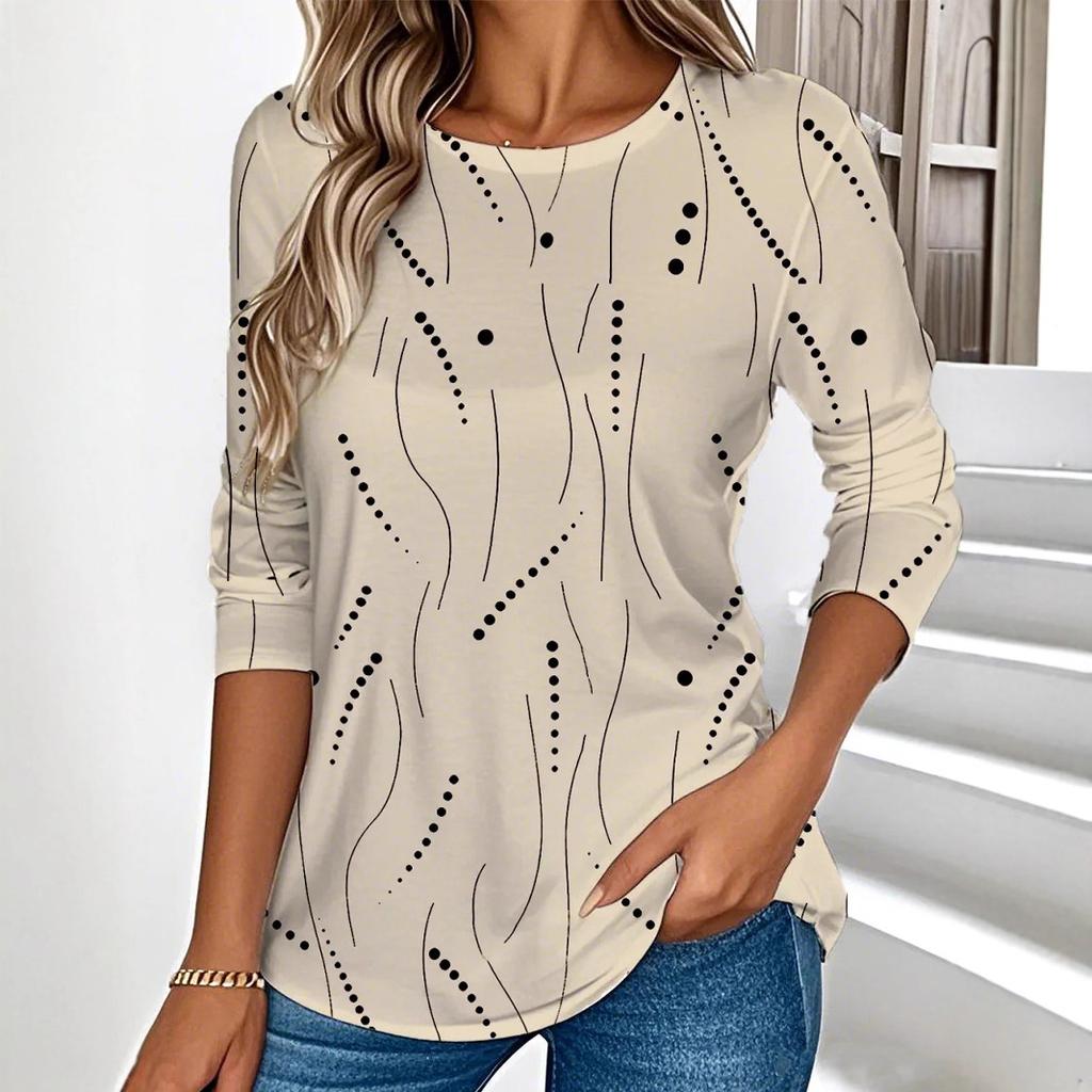 Lente en Herfst Ronde Hals 3D Abstracte Golf Stippen Bedrukte Top Modieuze Casual Lange Mouw Dames T-shirts