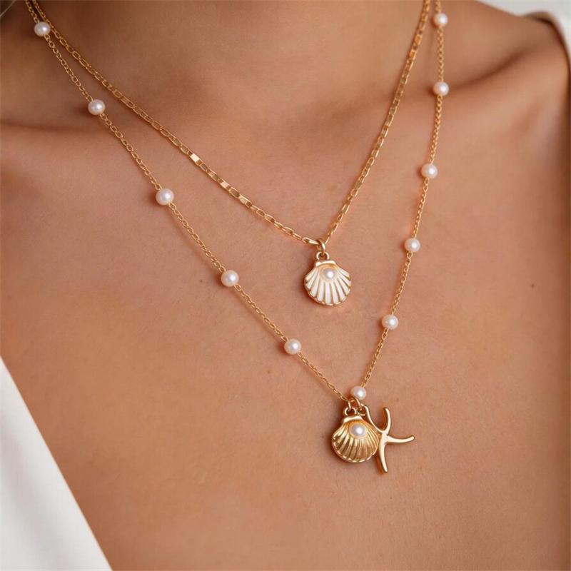 Mermaidcore Ocean Shell Starfish Pendant Necklace for Women Double Layer Imitation Pearl Necklace Summer Vacation Beach Jewelry