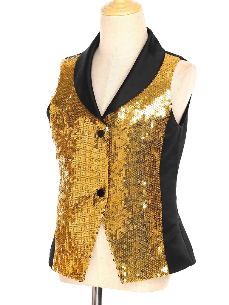 Třpytivá pódiová vesta pro dívky: Saténová vesta s kontrastními barvami, klopovým výstřihem a patentkami, Nezbytnost pro taneční kostým