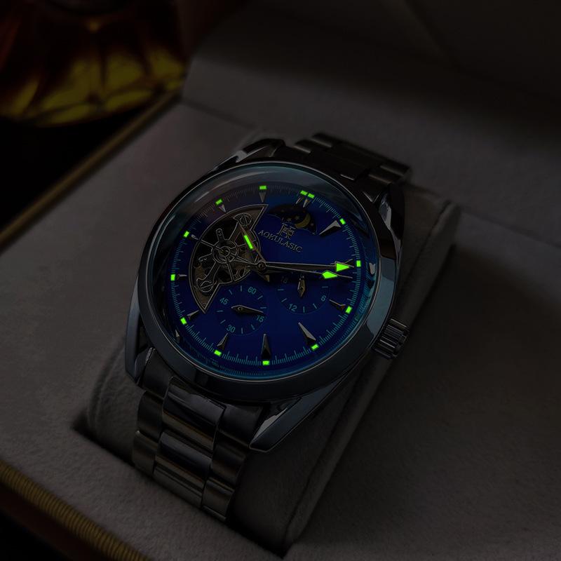 Novo Relógio Masculino Luminoso à Prova d'Água Sol, Lua e Estrelas Multifuncional Totalmente Automático Mecânico para Estudantes Homens