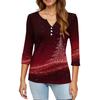 Maglietta Top da Donna Moda Casual Stampa Albero di Natale Scollo a V Bottone Decorativo Manica a Tre Quarti