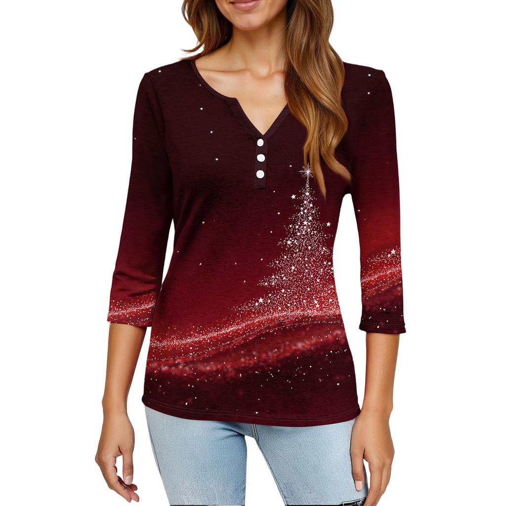 Maglietta Top da Donna Moda Casual Stampa Albero di Natale Scollo a V Bottone Decorativo Manica a Tre Quarti