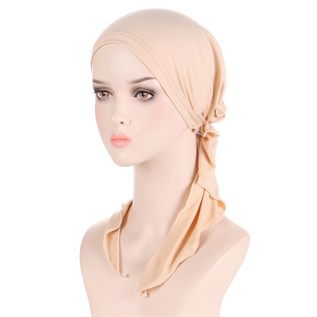 Solid Color Muslim Fashion Hijabs Turban Bonnet Long Tail Head Wraps Elastic Hijab Hats Breathable Chemo Cap For Women Girls