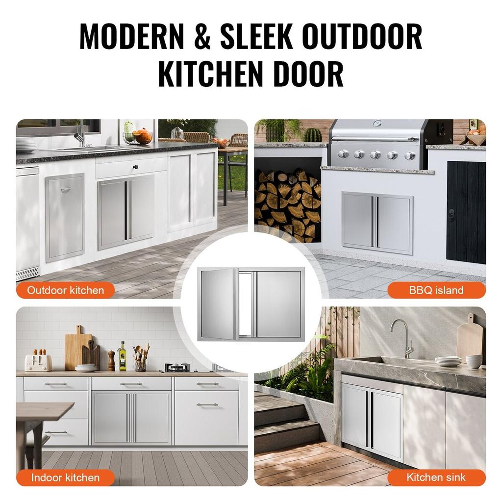 BBQ Access Door, 774x532 Mm Double Outdoor Kitchen Door, Stainless Steel Flush Mount Door, Wall Vertical Door with Recessed Handles , for BBQ Island,