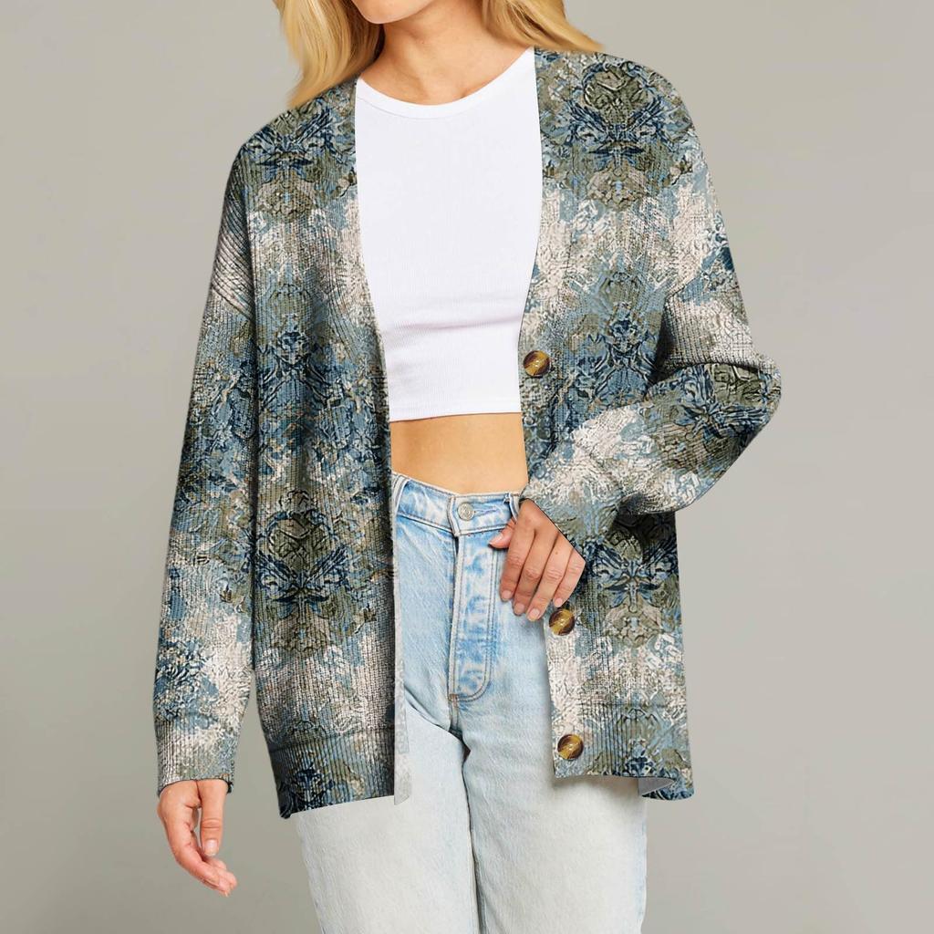 Dame Mote Langermet Juleprint V-Hals Knapper Løs Cardigan Topp