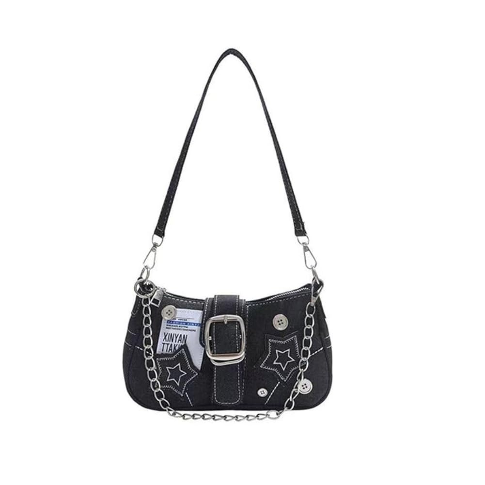 

MANATAS Y2K Small Women s Retro Star Design Shoulder Bag, Lightweight, Chain Strap, Street Style, Grunge Crescent Bag (Black)