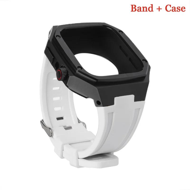 Luxury Modification Kit For Apple Watch 8 7 44mm 45mm 40mm 41mm Stainless Steel Case Rubber Sports Strap For IWatch Series 6 5 4