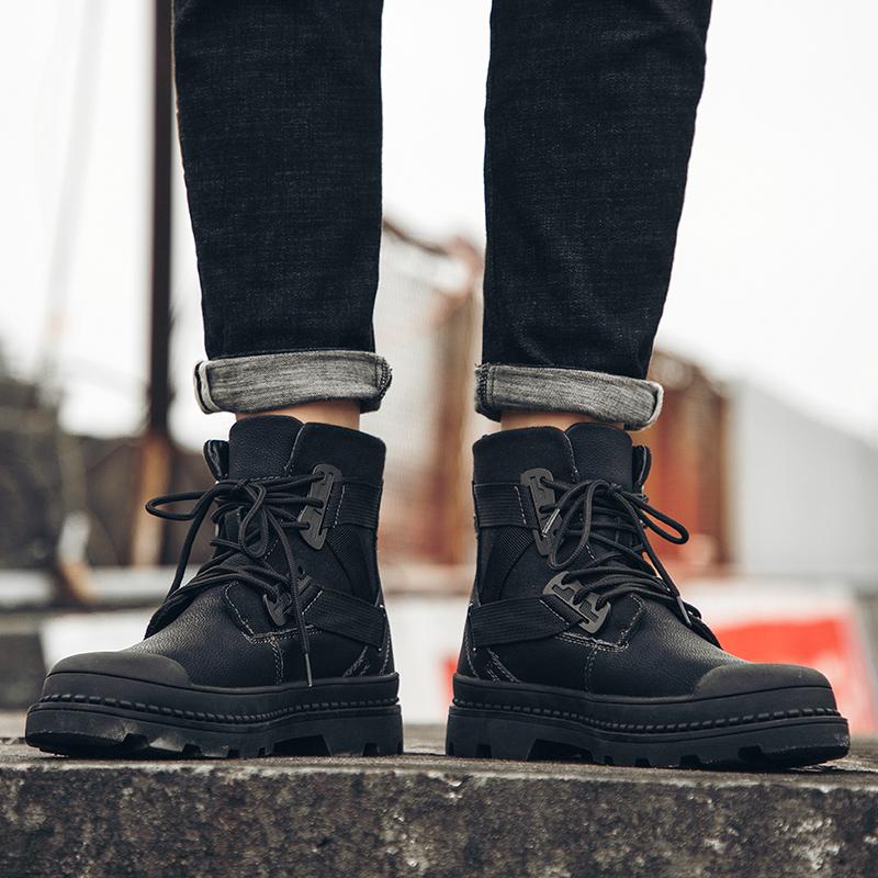 2024 Autumn Winter Fashion Men Lace Up Round Toe Ankle Boot Leather High Quality Comfortable Black Leather Platform Casual Boots