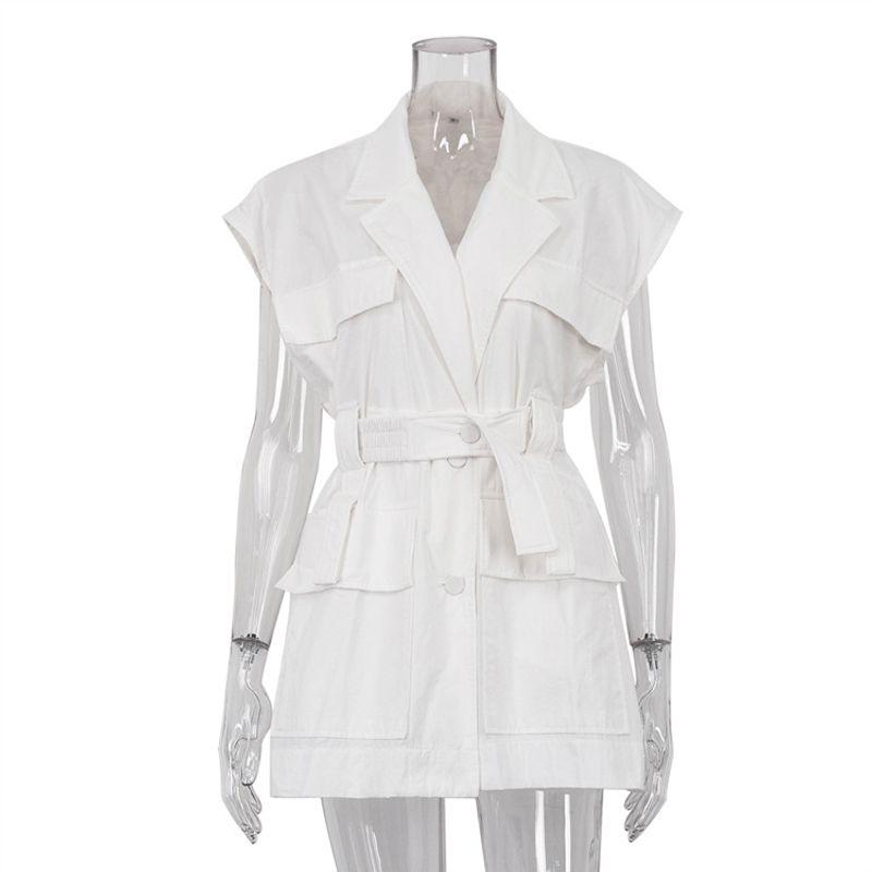 

Solid Color Lapel Sleeveless Waistband Top Solid Lapel Sleeveless Top Women White S