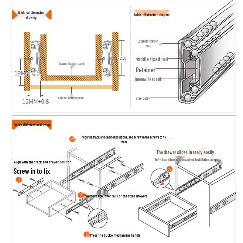 Three-Section Silent Damping Drawer Slide for Computer Desk Keyboards, Cold Rolled Steel Track Rails.
