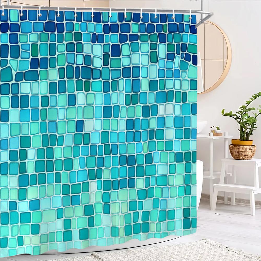 Moderner einfacher Mosaik-Duschvorhang, Blau karierter Duschvorhang für das Badezimmer, Wasserdichter Duschvorhang mit Haken