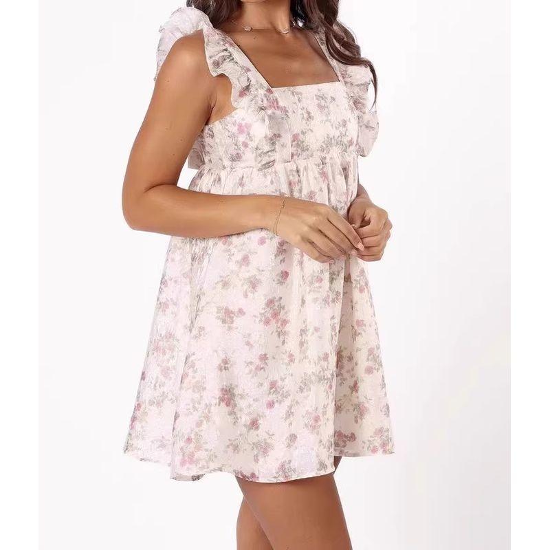 

Export Single Summer New Vacation Ruffles Sexy Jacquard Square Collar Expose Clavicle Fairy Casual Island Dress Light pink One size