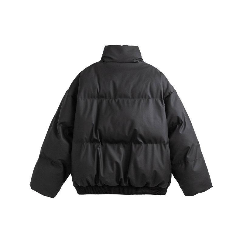 Unisex Frosted PU Leather Puffer Jacket: Winter Heavyweight Stand-up Collar, Thick Warm Loose Fit, Casual Outerwear for Men and Women.