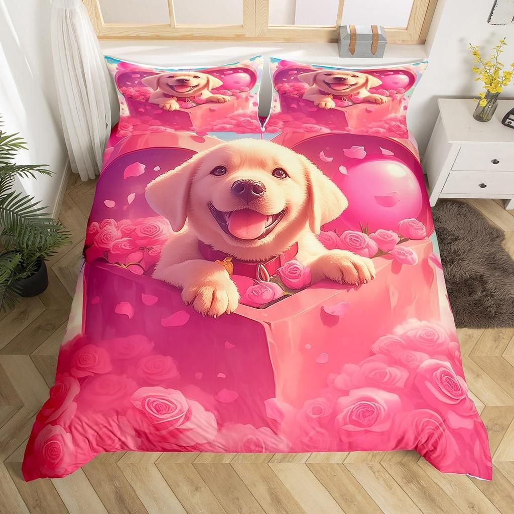 Cartoon Penguin Bedding Set Romantic Balloon Valentine's Day Comforter Cover Groovy Roses Flower Duvet Cover for Couple Lovers
