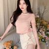 Knitted Short-sleeved Women's New Summer Pink Striped T-shirt Design Drawstring Navel-exposed Short Student Top