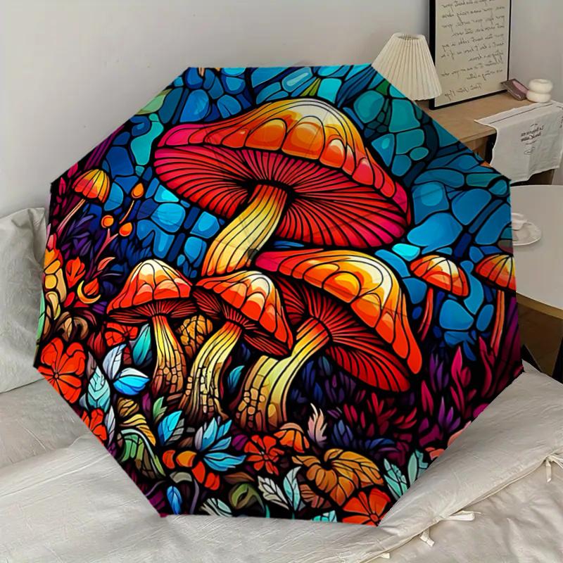 Bunter Pilzgarten Automatischer Aufklapp-Faltregenschirm - Tragbares 3-Fach-Design mit Eisenrahmen, Perfekt für den Außenbereich, Festliche Geschenke,