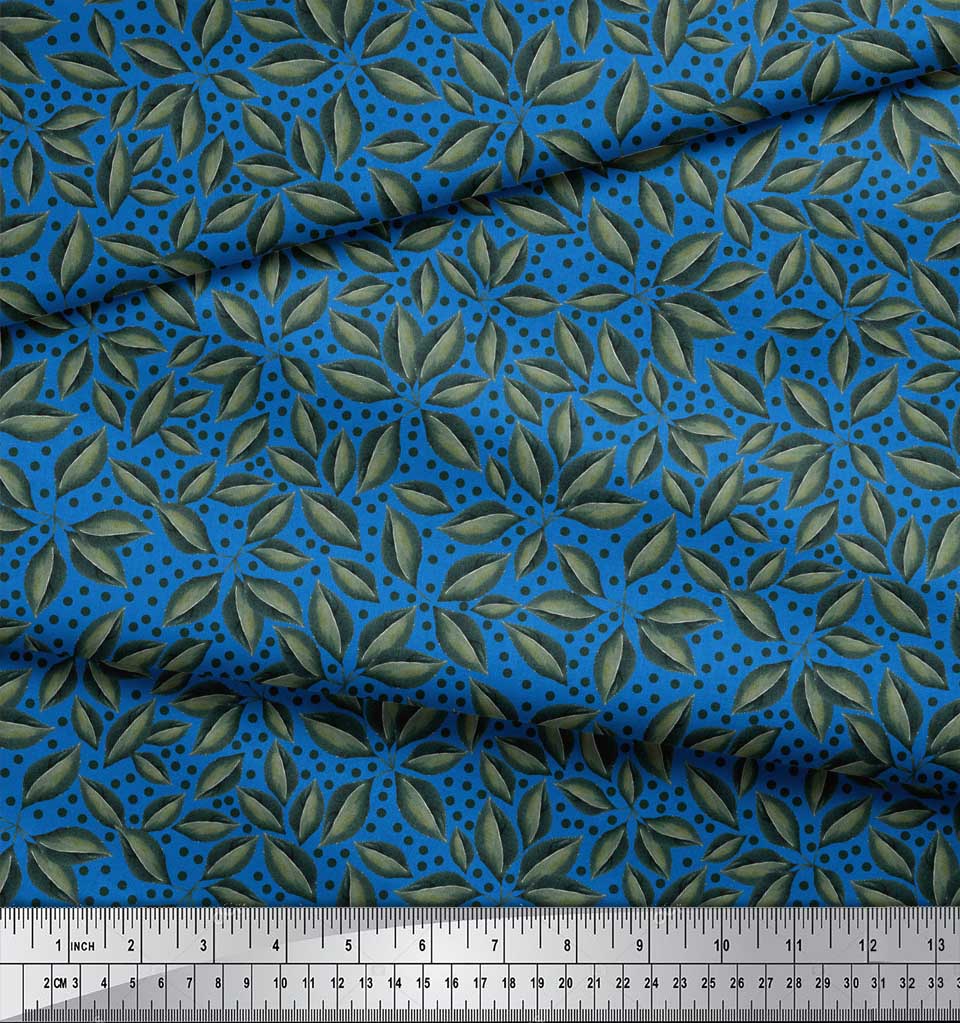 Soimoi Blue Poly Crepe Fabric Dots & Beach Leaves Decor Fabric Printed metre 42 Inch
