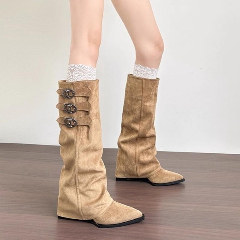 Fashion Autumn Winter Low Heels Long Boot Splicing Buckle Strap Woman Knee-High Boots Square Style Female Boot