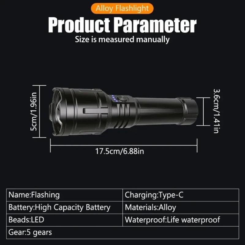Rechargeable Zoomable Flashlight with Flame Ignition White Laser Core 4 Level Power Indicator Fresnel Lens for Outdoor Camping