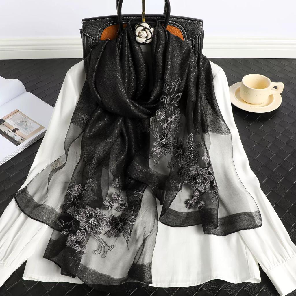 Luxury Women Hijab Shiny Lace Scarf Silk Soft Wool Shawls And Wraps Embroidery Flower Thin Scarves Foulard Female Bufanda New