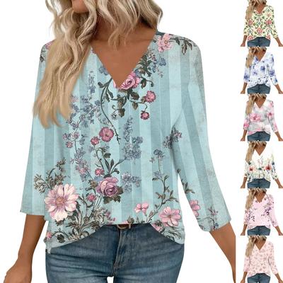 3/4 Length Sleeve Womens Tops V Neck Casual Tunic Tops Basic Shirts Loose Fit Blouse