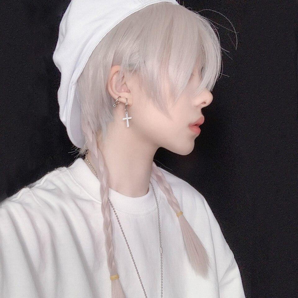LUPU Men's Wig Lolita Anime Short Cosplay Wigs For Boy Synthetic Trailing Tail Fake False Hair Gray White Heat Resistant Fiber