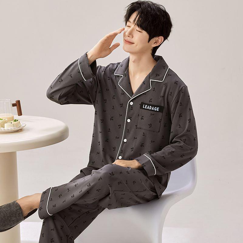 Spring and Autumn Men's Pajamas Homewear Suit Men's Cotton Cardigan Simple Large Size Cotton Can Be Worn Outside Homewear