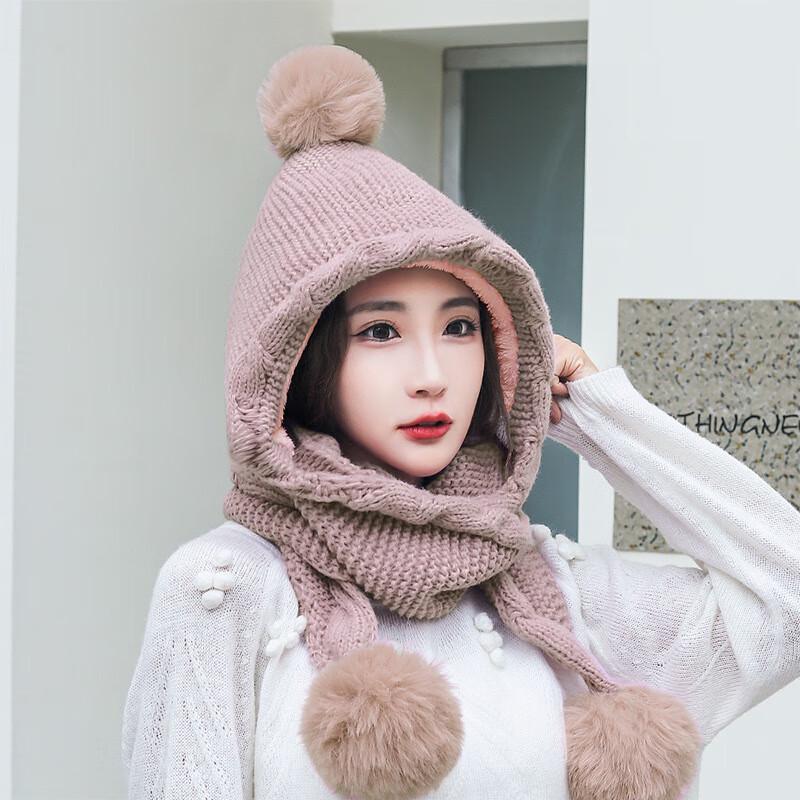

Women s Plush Pompom Winter Hat with Integrated Scarf One Size