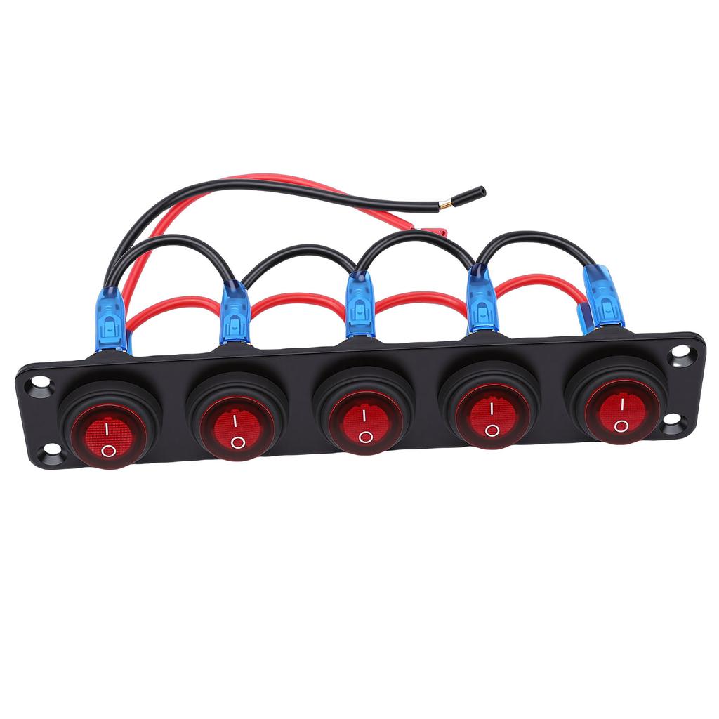 5 Gang Rocker Switch Panel 20A Red Circular On Off Switch Water Proof Aluminum Alloy Panel for Car Boat RV Truck Trailer