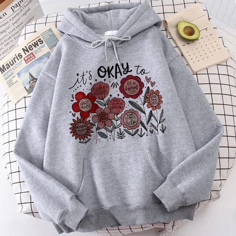 Women's Casual Long Sleeve Hoodies Vintage Graphic Y2k Hooded Pullovers Ditsy Floral and Alphabet Print Sweatshirts 90s Clothes