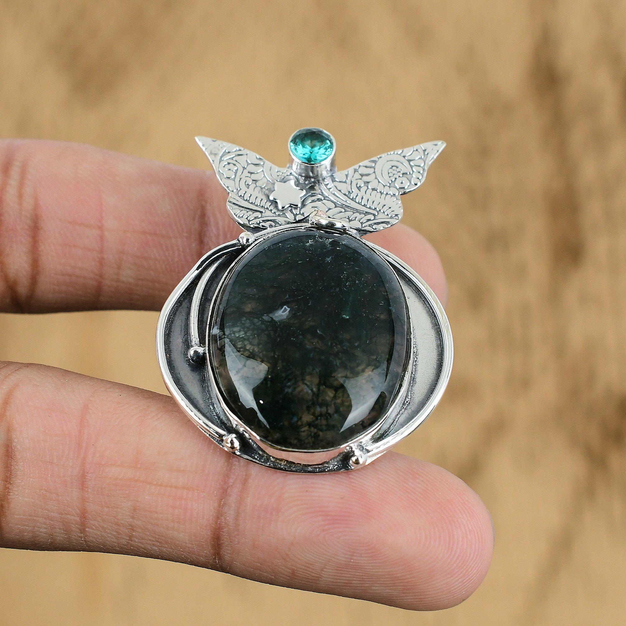 

Solar Moss Agate Stone Swiss Blue Topaz Mother Ethnic Pendant Jewelry 925 Silver