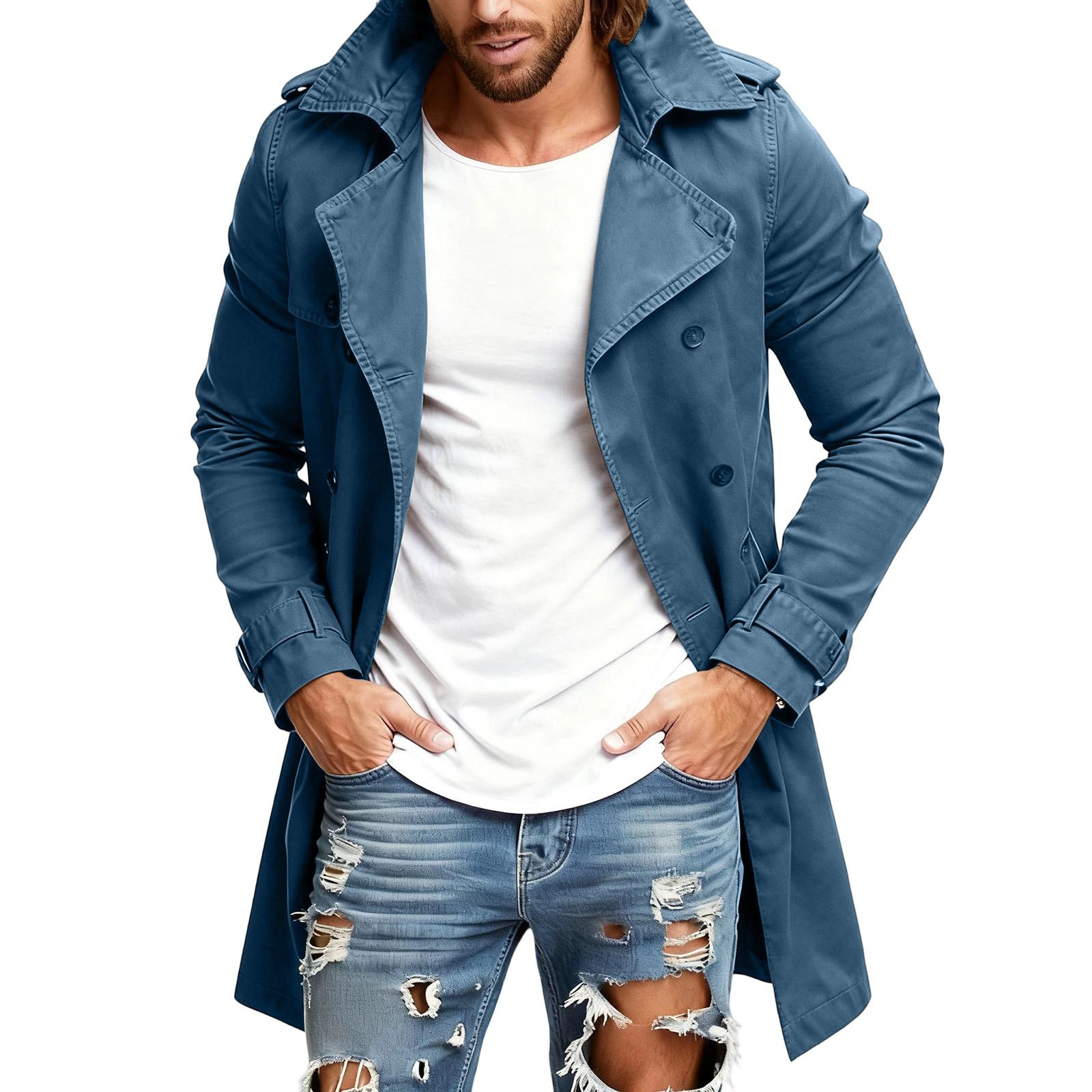 

Men s Medium To Long Self-Cultivation Windbreaker Hooded Hood Leisure Coat XL