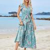Women Bohemian Floral Print Summer Casual Dress V Neck High Waist Sleeveless A Line Beach Vacation Ankle Length Lace Up Dress