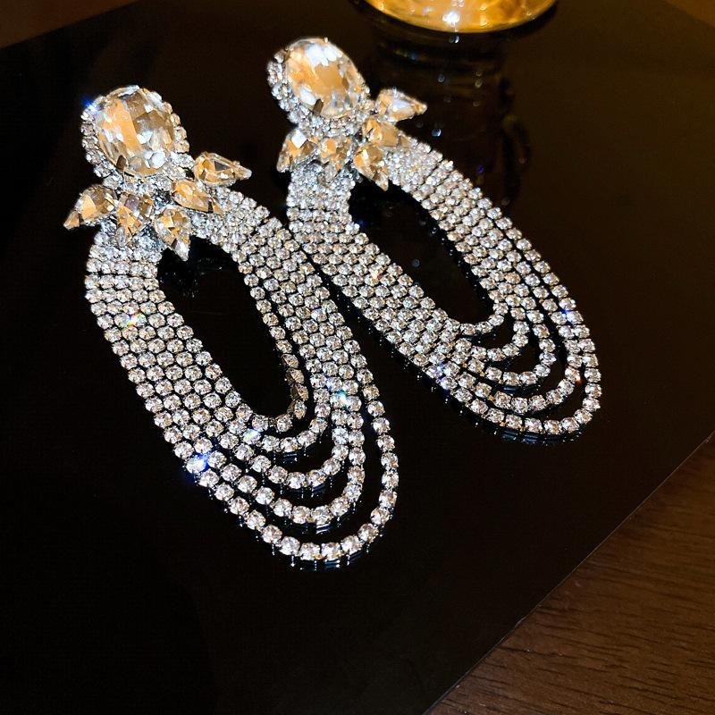 Ice quenched blue flower artificial crystal fringed earrings Cool wind temperament stud earrings Internet celebrity earrings