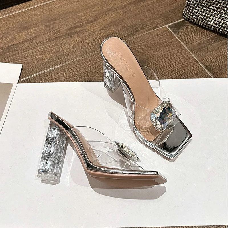 Fashion Transparent One-Line Water Diamond Flip-Flops For Women, 2025 Summer New Thick-Heeled Crystal Shoes, Sexy High-Heeled Sandals