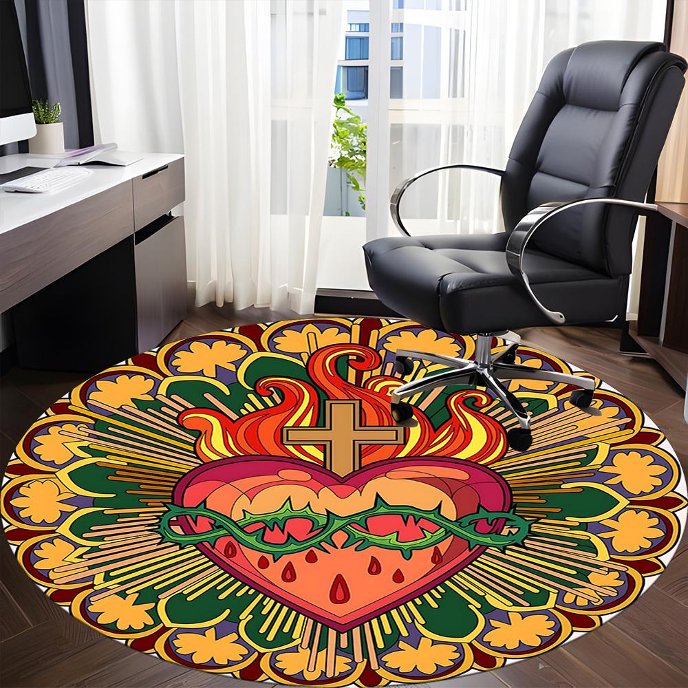 1pc Sacred Heart Carpet, Round Non Slip Durable Large Size Office Carpet, Suitable for Office