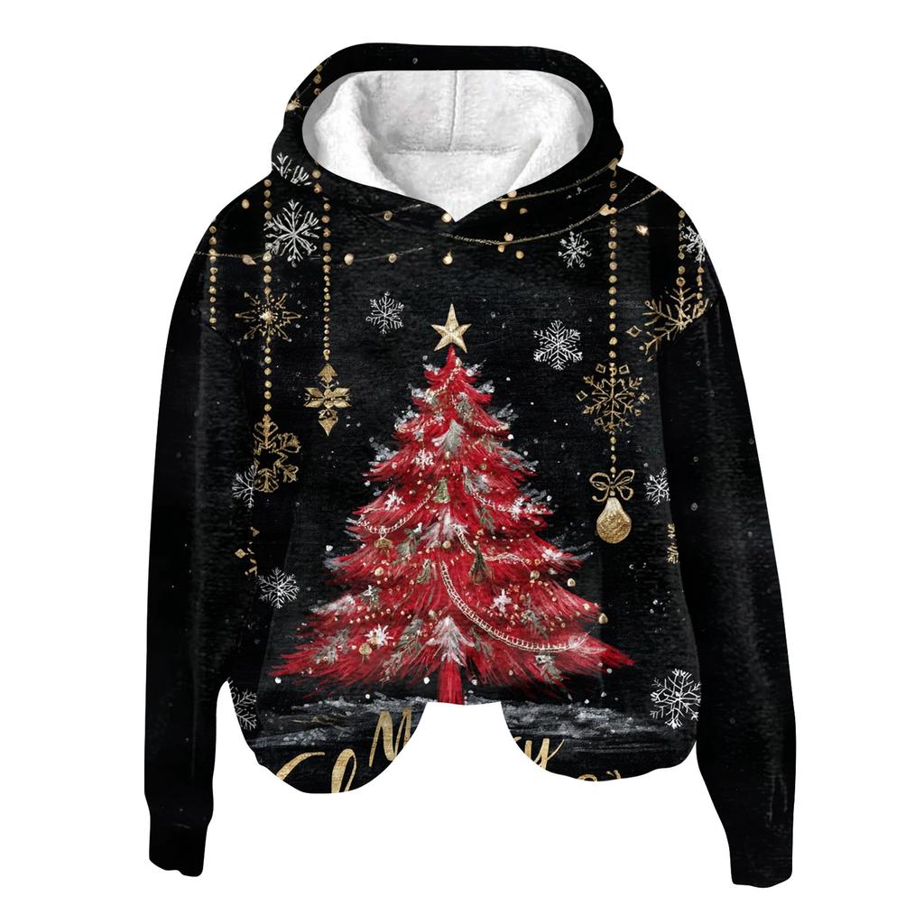 Damenmode Langarm Weihnachtsprint Lockerer Kapuzenpullover Top